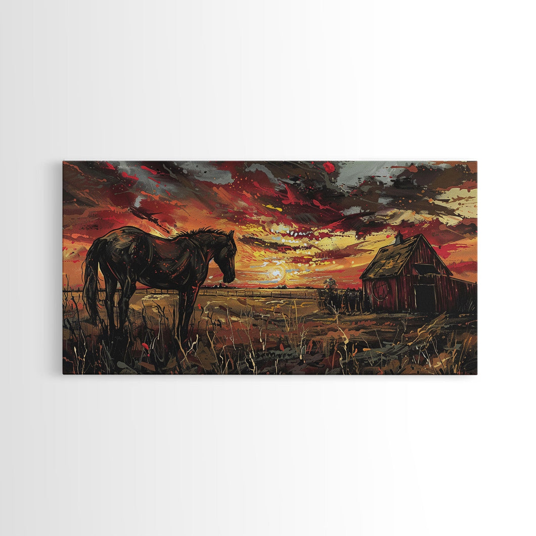 Dark Horse at Sunset with Barn, Stunning Abstract Art, Framed Canvas Print, Boho Wall Art, Bedroom Decor, Unique Home Decoration