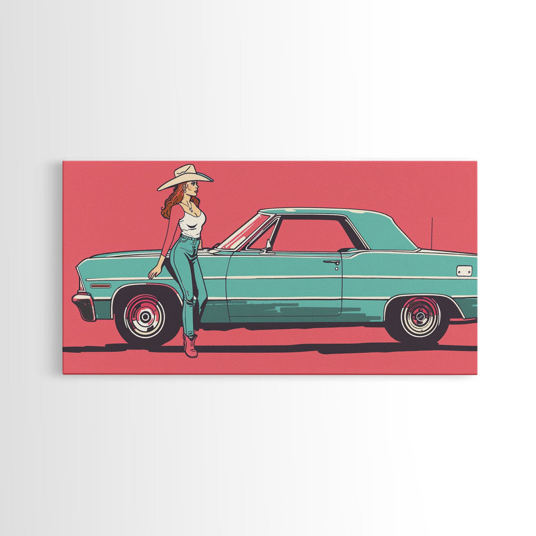 Cowgirl Leaning Against Classic Car in Pop Art Style, Vibrant Framed Canvas Print for Bedroom, Perfect Living Room Wall Art