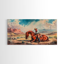 Load image into Gallery viewer, Cowboy Comforting Horse in Open Plains, Farmhouse Western Decor, Framed Canvas Print, Country Living Art, Rustic Wall Art for Home
