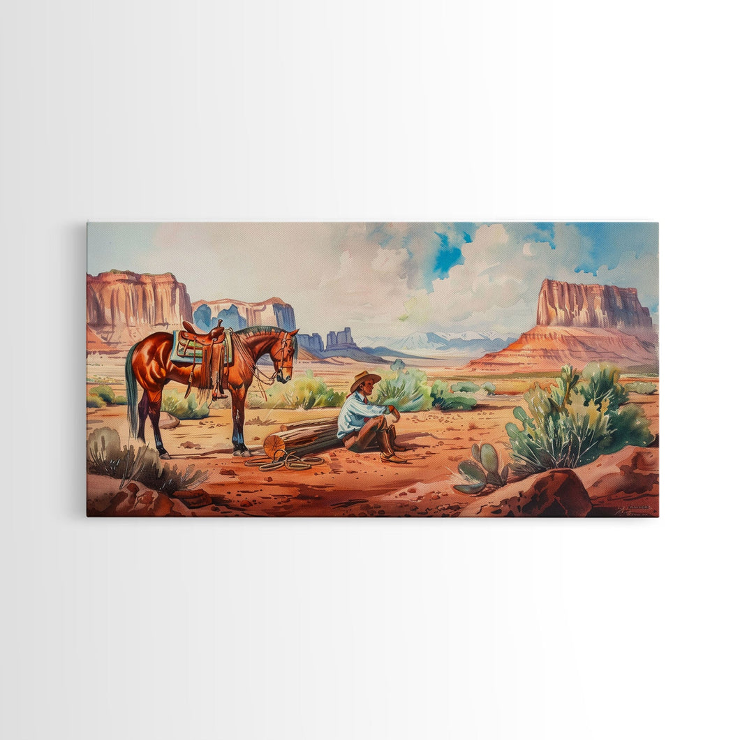 Cowboy Resting by Horse in Desert Scene, Rustic Farmhouse Art, Framed Canvas Print, Western Decor, Living Room Wall Art, Country Style
