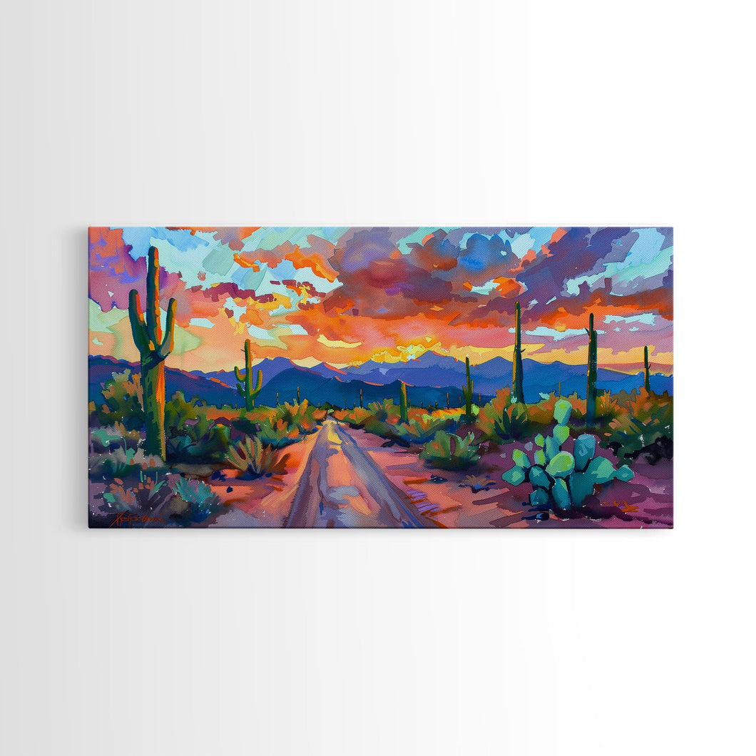 Cacti and Mountains Under Sunset Sky, Vibrant Southwestern Landscape Art, Framed Canvas Print, Boho Living Room Decor, Desert Scene