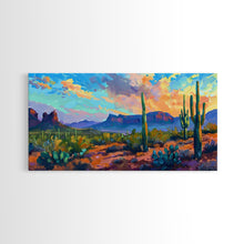 Load image into Gallery viewer, Desert Sunset with Cacti and Mountains, Abstract Southwestern Art, Framed Canvas Print, Rustic Boho Wall Decor, Living Room Art
