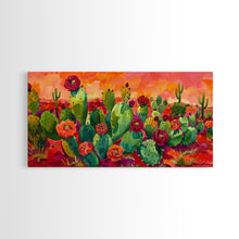 Load image into Gallery viewer, Bright Desert Flowers and Cacti with Mountains, Vibrant Framed Canvas Print for Home, Boho Wall Art, Nature Lover&#39;s Decor
