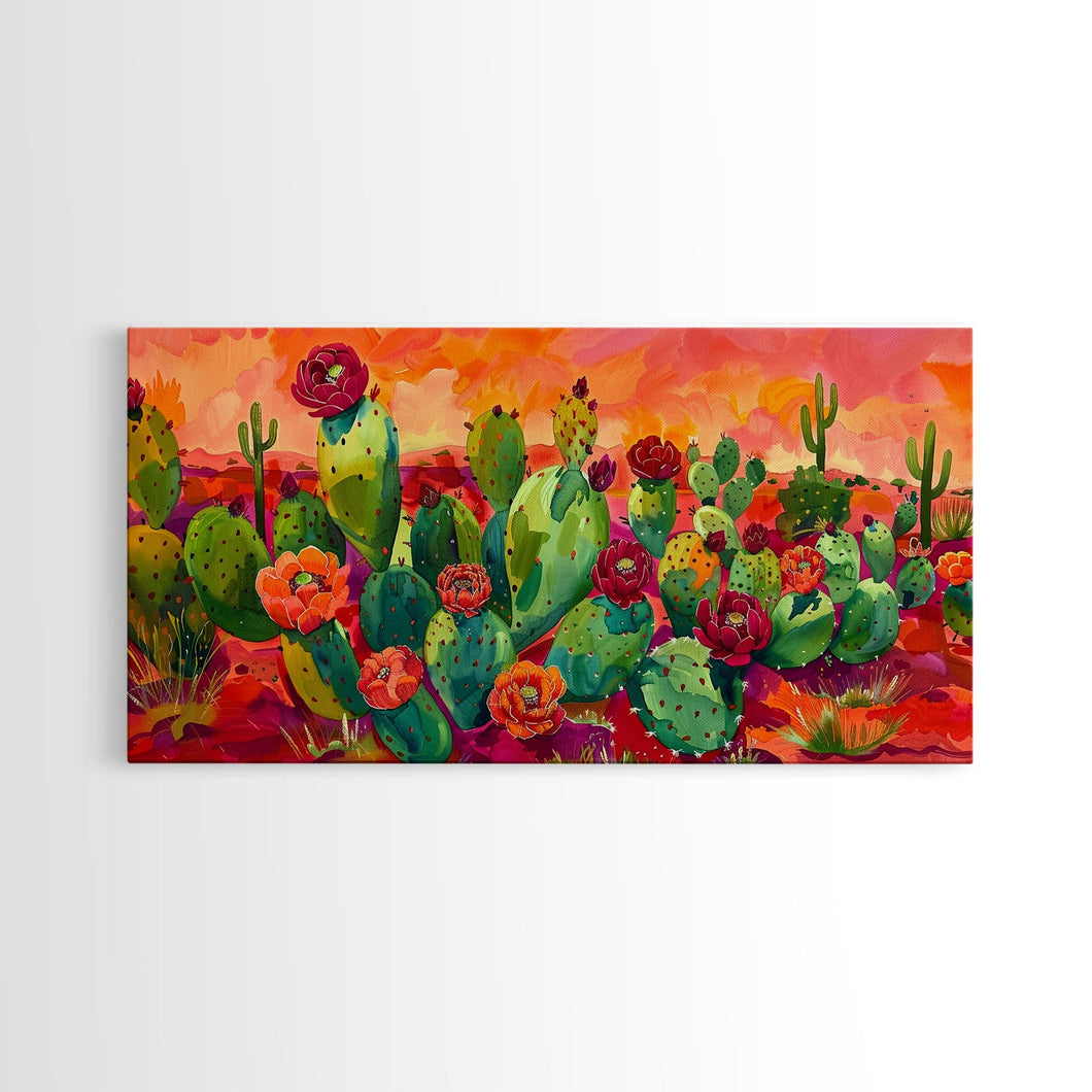Bright Desert Flowers and Cacti with Mountains, Vibrant Framed Canvas Print for Home, Boho Wall Art, Nature Lover's Decor