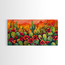 Cargar imagen en el visor de la galería, Colorful cactus garden in desert sunset, Framed Canvas Print, perfect for farmhouse living room, bohemian wall art
