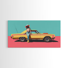 Load image into Gallery viewer, Bold Cowgirl Posing with Yellow Car, Pop Art Framed Canvas Print for Living Room, Ideal Bedroom Wall Art, Unique Home Decor
