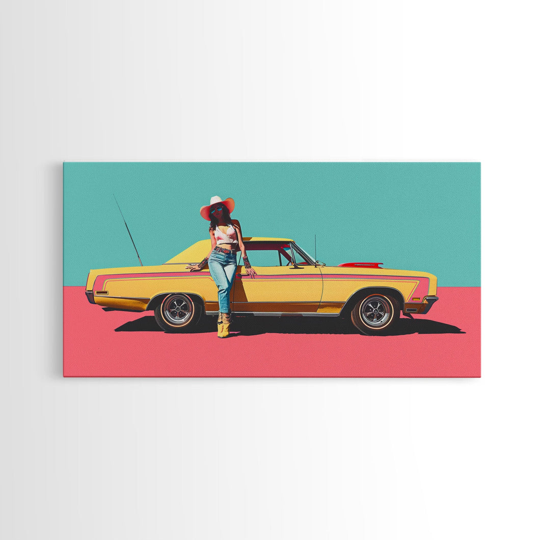 Bold Cowgirl Posing with Yellow Car, Pop Art Framed Canvas Print for Living Room, Ideal Bedroom Wall Art, Unique Home Decor