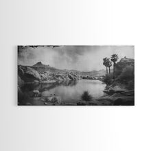 Load image into Gallery viewer, Peaceful Desert Oasis with Palm Trees, Framed Canvas Print for Living Room Decor, Ideal Bedroom Wall Art, Serene Western Scene
