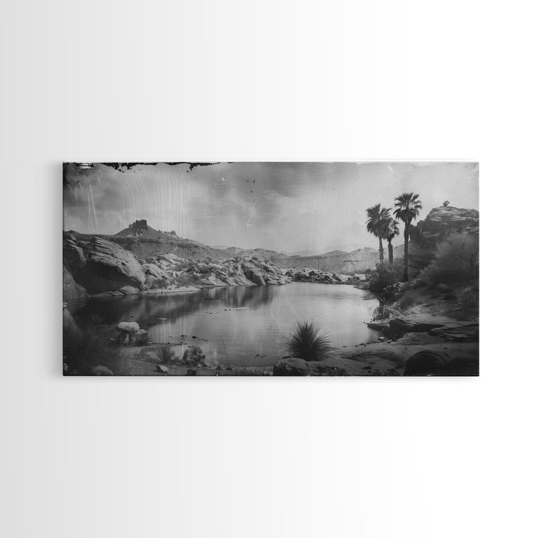 Peaceful Desert Oasis with Palm Trees, Framed Canvas Print for Living Room Decor, Ideal Bedroom Wall Art, Serene Western Scene