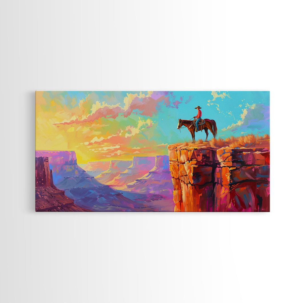 Cowboy on Horse Overlooking Canyon Sunset, Farmhouse Style Framed Canvas Print for Living Room Wall Art, Vibrant Home Decor, Western Scene
