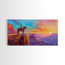 Load image into Gallery viewer, Cowboy and Horse with Canyon View, Farmhouse Style Framed Canvas Print for Bedroom Wall Art, Vibrant Home Decor, Western Scenic Art

