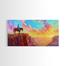 Load image into Gallery viewer, Cowboy on Horse Under Vibrant Sky, Farmhouse Style Framed Canvas Print for Bedroom Wall Art, Rustic Home Decor, Western Scenic Art
