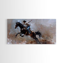 Carregar imagem no visualizador da galeria, Action-Packed Rodeo Scene with Bucking Horse, Beautiful Framed Canvas Print, Western Living Room Art, Rustic Bedroom Decor, Wall Art
