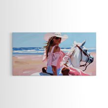 Load image into Gallery viewer, Elegant Cowgirl on Horse by the Shore, Beautiful Framed Canvas Print, Ideal for Coastal Living Room Art, Beach Bedroom Decor, Horse Wall Art
