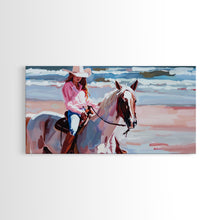 Load image into Gallery viewer, Cowgirl in Pink Shirt Riding Horse by the Sea, Beautiful Framed Canvas Print, Coastal Living Room Art, Beach Bedroom Decor, Horse Art
