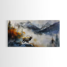 Load image into Gallery viewer, Majestic Elk in Misty Mountains, Framed Canvas Print, Perfect for Living Room Art, Rustic Bedroom Decor, Nature Wall Art, Wildlife Scene
