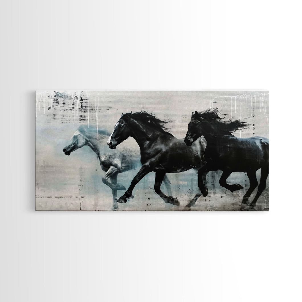 Galloping Horses in Monochrome Abstract Landscape, Perfect Wall Art, Framed Canvas Print for Living Room or Bedroom Decor, Equestrian Art