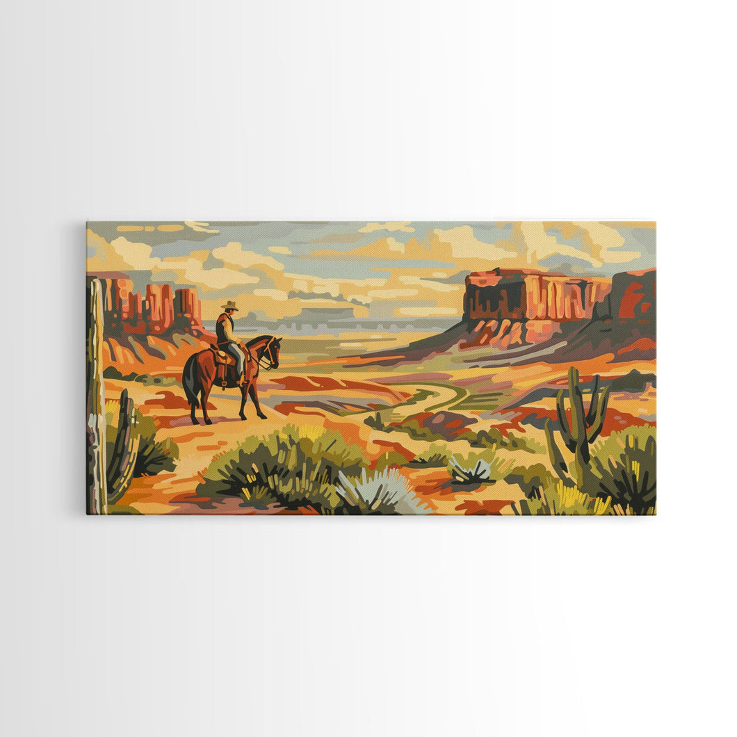 Cowboy Overlooking Desert Canyon, Framed Canvas Print for Rustic Living Room Decor, Western Wall Art, Home and Bedroom Decoration