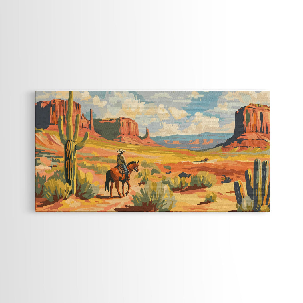 Cowboy in Desert Valley, Framed Canvas Print for Rustic Living Room Decor, Western Art for Home and Bedroom Decoration