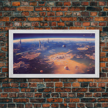 Cargar imagen en el visor de la galería, Bird&#39;s eye view of a futuristic city-planet, cool scifi art, framed canvas print, ready to hang framed wall art
