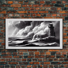 Load image into Gallery viewer, Lighthouse in a storm, black and white, tsunami waves, framed canvas print, ready to hang framed wall art
