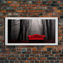 Load image into Gallery viewer, Red Sofa In A Forest Framed Canvas Print, Thought Provoking Art, Framed Art, Creepy Photography, Halloween Art
