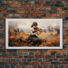 Load image into Gallery viewer, Girl Violinist, Fall Wall Decor, Pumpkin Decor, Canvas Print, Wall Hanging, Panoramic Art, Country Home Decor, Violin Wall Art, Gift For Her
