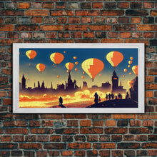 Load image into Gallery viewer, Flight of the balloons, hot air balloon armada, framed canvas print, ready to hang framed wall art

