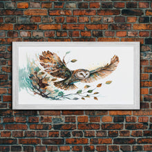 Carregar imagem no visualizador da galeria, Flying owl with trees, leaves, forest double exposure, nature animal, owl illusion art, wrapped framed canvas print, office wall art
