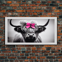 Cargar imagen en el visor de la galería, Cute Highland Cow wearing a Bow, Pink Bow on a Cute Cow, framed canvas print, black and white farmhouse cow art

