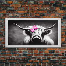 Load image into Gallery viewer, Cute Highland cattle canvas, wall art, Farmhouse decor, Cow Black White print Rustic wall decor Animals painting Scottish cow wall art
