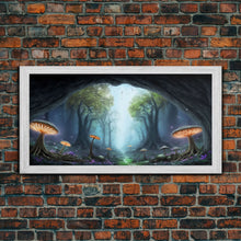 Load image into Gallery viewer, Magical Enchanted Mushroom Forest, Fantasy Art, Framed Canvas Print, Bioluminescent Butterflies in an Enchanted Forest, Glowing Art
