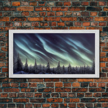 Cargar imagen en el visor de la galería, Aurora borealis over a snowy northern forest, canvas print, scenic winter landscape art, northern lights
