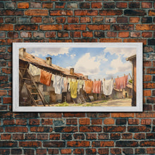 Load image into Gallery viewer, Watercolor Laundry In Village Wall Decor, Rural Wall Decor, Laundry Room, Panoramic Wall Decor, Canvas Print, Wall Art, Framed Canvas Art
