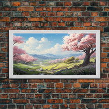 Cargar imagen en el visor de la galería, Cherry Blossom Art, Mountains Wall Art, Spring Art, Panoramic Art, Wall Art, Canvas Art, Landscape Art, Teacher Gift, Family Room Art

