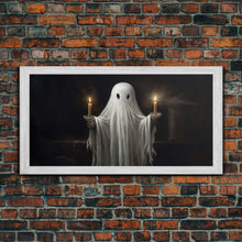 Cargar imagen en el visor de la galería, Cute Ghost Holding Candles, Framed Canvas Print, Dark Academia Wall Art, Victorian Oil Painting Style Halloween Wall Art, Ghost Print
