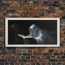 Load image into Gallery viewer, The Reading Ghost, Framed Canvas Print, Victorian Oil Painting Style, Spooky Halloween Decor, Goth Art
