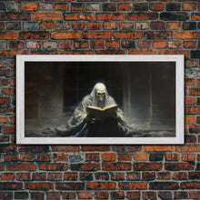Load image into Gallery viewer, Grim Reaper Reading A Book In A Haunted Library, Framed Canvas Print, Victorian Oil Painting Style, Spooky Halloween Decor, Goth Art
