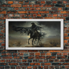 Load image into Gallery viewer, Ghost Cowboy Art, Framed Canvas Print, Halloween art, spooky decor, cowboy art, western decor, grim reaper on a horse in the desert
