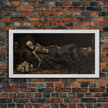 Load image into Gallery viewer, Eternal Slumber, Framed Canvas Print, Creepy Victorian Oil Painting, Halloween Art Prints, The Sleeping Skeleton Painting
