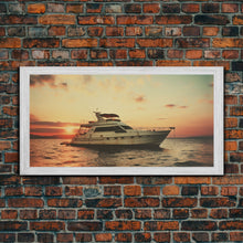 Carregar imagem no visualizador da galeria, An Abandoned Yacht at Sunset - Framed Canvas Print - Nautical Decor - Vaporwave Art - Liminal Spaces - Urban Decay - Eclectic Wall Art
