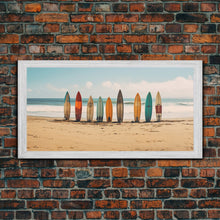 Carregar imagem no visualizador da galeria, Boho Beach Decor, Framed Canvas Print, Retro Surf Boards In The Sand, Living Room Decor, Gift For Him, Surfer Gift
