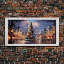 Cargar imagen en el visor de la galería, Christmas Decor Handmade, Framed Canvas Print, Beautiful Winter Wonderland Christmas Village, Christmas Tree Art
