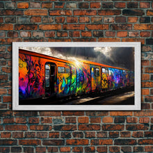 Load image into Gallery viewer, Box car graffiti art, wall decor, train box car, ready to hang canvas print wall art, rainbow train wall art
