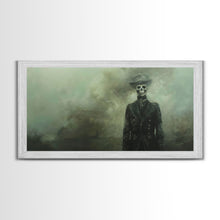 Load image into Gallery viewer, Dapper Skeleton In The Fog, Framed Canvas Print, Halloween Decor, Macabre Dark Academia Wall Art
