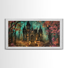Load image into Gallery viewer, Haunted House In The Woods, Framed Canvas Print, Spooky Wall Art, Spooky Season, Halloween Products, Halloween Unique Gift
