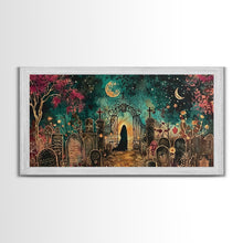 Load image into Gallery viewer, Banshee In The Graveyard, Framed Canvas Print, Halloween Decor, Spooky Season Wall Art, Halloween Gift Idea
