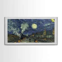 Load image into Gallery viewer, Starry Night Inspired Haunted Steam Train, Framed Canvas Print, Spooky Halloween Wall Art
