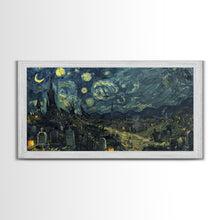 Load image into Gallery viewer, Starry Night Inspired Haunted Cemetery Framed Canvas Print, Halloween Wall Decor, Art Prints, Creepy Art
