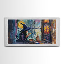Load image into Gallery viewer, Witch Eatin&#39; a Slice of Pizza, Framed Canvas Print, Witchy Decor, Impasto Style Halloween Wall Art
